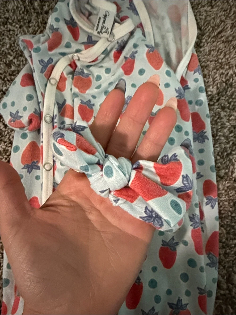 Copper Pearl newborn gown strawberry and blueberry